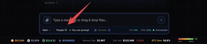 A cropped screenshot of a dark-themed chat interface with a red arrow pointing at the "Type a message" input field, showing navigation options like "Main" and "People (1)" and market data at the bottom.