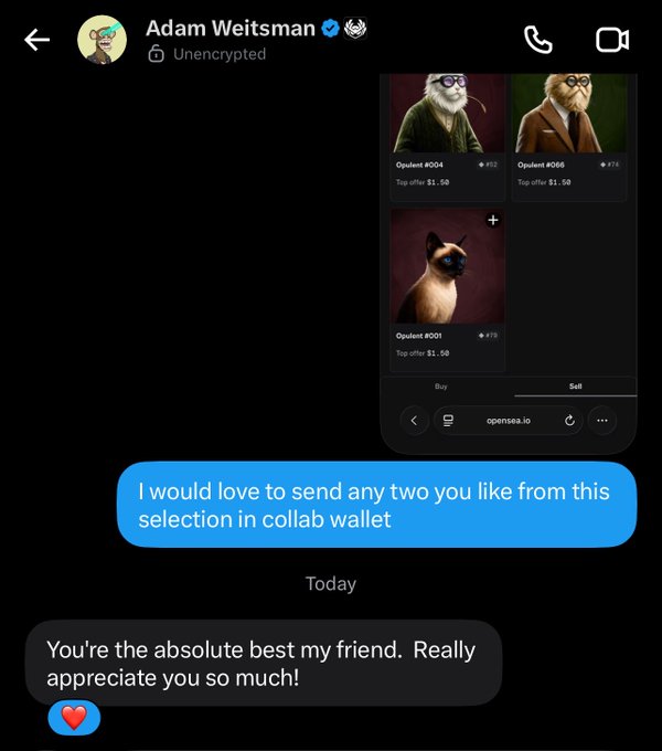 An iMessage conversation with 'Adam Weitsman' showing a screenshot of NFT Opuents priced at $1.50-$1.58, with messages about sending selections via 'collab wallet' and thanking them as 'the absolute best my friend'.