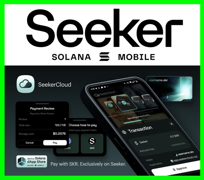 The image features a cell phone displaying a payment app called "SeekerCloud" that allows users to pay for cloud storage using their SKR token. The phone's screen shows various options such as storing files, photos, media, and notes on the cloud, and paying with the SKR token directly through the app. The text in the image emphasizes the convenience of using the app to manage cloud storage and pay with the SKR token, making it a valuable tool for users who want to store their data securely and easily transfer it between devices or online services.