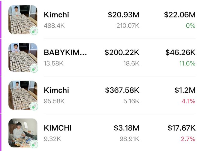 A list interface shows kimchi-related listings with revenue figures and percentage changes, including “Kimchi,” “BABYKIM…,” and “KIMCHI.”