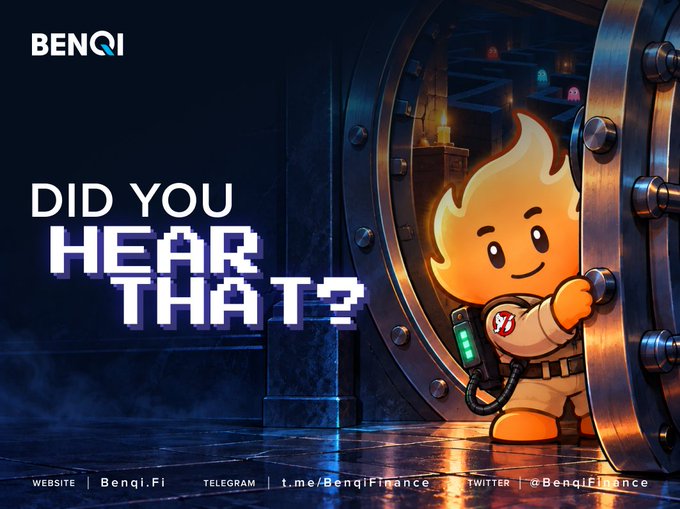 A promotional image for BENQI showing an orange flame mascot peeking out from behind a vault door, with text 'DID YOU HEAR THAT?' and links to Benqi.fi, Telegram, and Twitter.