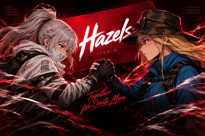Anime-style promotional artwork for 'Hazels Studio' showing two female characters clasping hands with the tagline 'Together We Create More'.