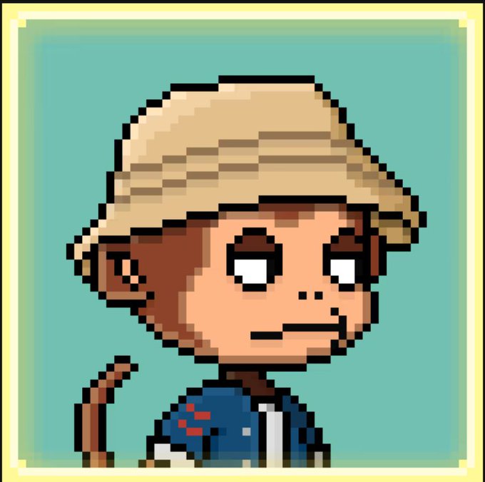 A pixel art character portrait of a young person wearing a straw hat and a blue shirt with red details, set against a teal background with a yellow border frame.