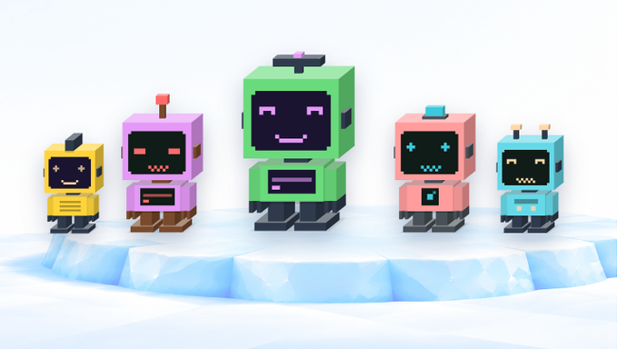 A group of five colorful voxel-style robot characters (yellow, purple, green, pink, and teal) standing on a small ice floe against a light background.