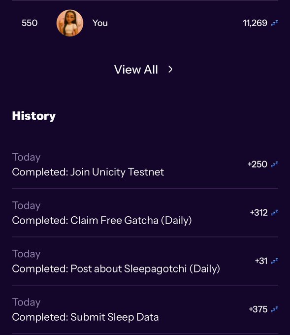 The image shows a phone screen displaying a list of completed tasks for a user named @timesoulcom. The tasks include joining an Unicity Testnet, claiming free sleep, and completing a daily meditation session. The app provides rewards such as XP points, NFTs, and other incentives to encourage users to stay consistent with their mindfulness practices.