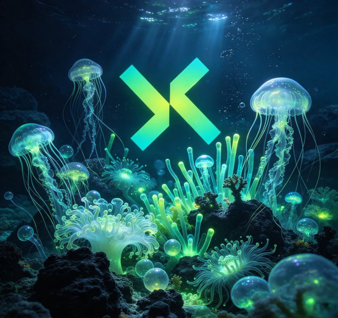 A bioluminescent underwater scene features glowing jellyfish and sea anemones surrounding a bright green "X" logo, visually representing the deep, hidden layers of activity that lie beneath a project's surface metrics.