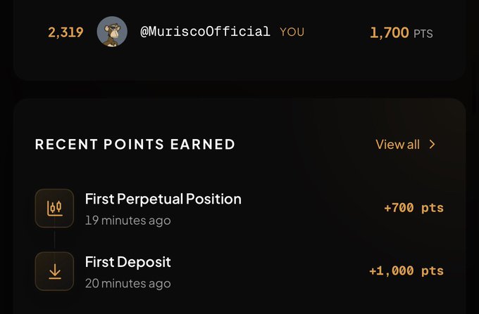 A dashboard showing @MuriscoOfficial with 2,319 ranking and 1,700 PTS, displaying "Recent Points Earned" including "First Perpetual Position" (+700 pts, 19 minutes ago) and "First Deposit" (+1,000 pts, 20 minutes ago), directly illustrating the points and trading achievement mentioned in the post about participating in the Canborsa Trading Arena.