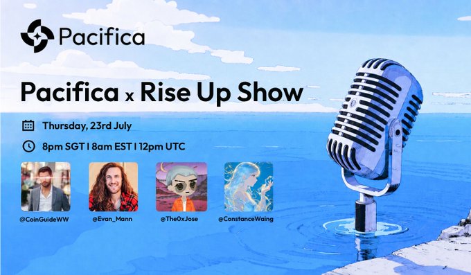 Promotional graphic for the "Pacifica x Rise Up Show" airing Thursday, July 23rd at 8pm SGT / 8am EST / 12pm UTC, featuring hosts and guests @CoinGuideWW, @Evan_Mann, @The0xJose, and @ConstanceWaing alongside a vintage-style microphone over a serene blue ocean backdrop.