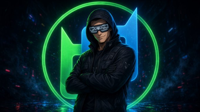 A stylized digital illustration of a character wearing a black hooded jacket and futuristic shutter shades, standing with crossed arms in front of a glowing green and blue circular logo.