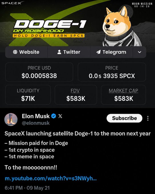 A website for 'Doge-1' token on Robinhood, showing a Doge astronaut mascot, with stats including PRICE $0.0005838, LIQUIDITY $71K, FDV $583K, MARKET CAP $583K, and an embedded tweet from Elon Musk (@elonmusk) about launching Doge-1 to the moon.