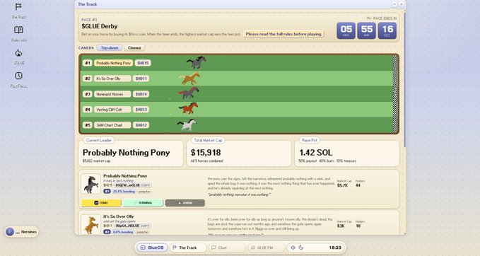A betting interface showing a horse race with $GLUE Derby at Race #3, featuring five horses including current leader "Probably Nothing Pony" at odds of $15.918 total market cap, with 18:23 countdown timer. The image displays the horse racing betting platform that the accompanying post references as $GLUE's solution to post-token-purchase boredom.
