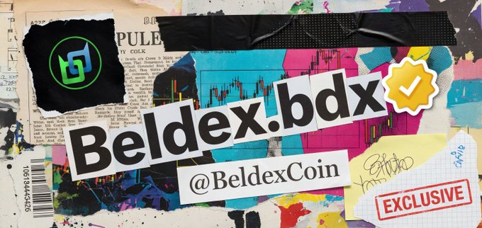 A collage-style graphic promoting 'Beldex.bdx @BeldexCoin,' featuring a green logo on a torn black background, torn newspaper clippings, colorful paint splashes, a verification badge, and a red 'EXCLUSIVE' stamp.