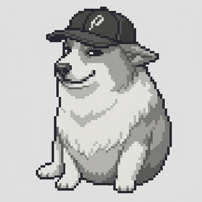 Pixel art illustration of a white dog or puppy wearing a black baseball cap with a white 'e' logo on it, smiling and sitting against a gray background.