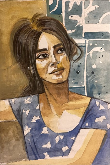 A watercolor painting depicting a young woman with brown hair wearing a blue top with white patterns, set against a textured background.