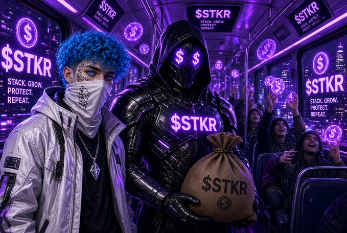 A stylized digital artwork featuring a blue-haired person with face tattoos and a bandana alongside an armored figure in a hood with glowing dollar sign eyes, both branded with '$STKR' text reading 'STACK. GROW. PROTECT. REPEAT.' on a neon-lit subway setting.