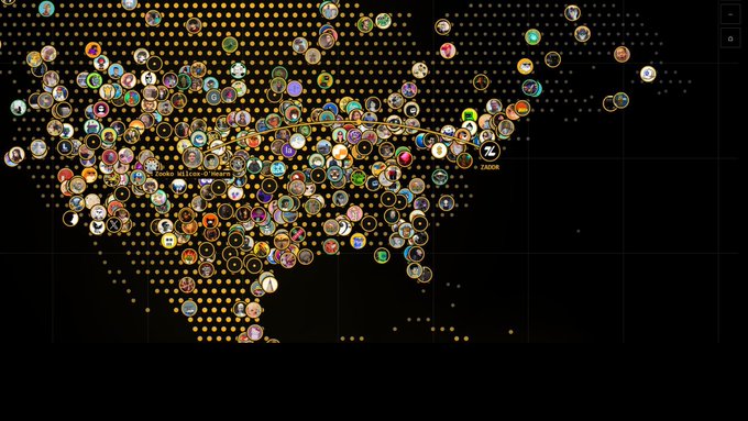 A dense visualization map displaying hundreds of circular user avatars scattered across the United States and parts of Central America on a dark background with yellow dots.