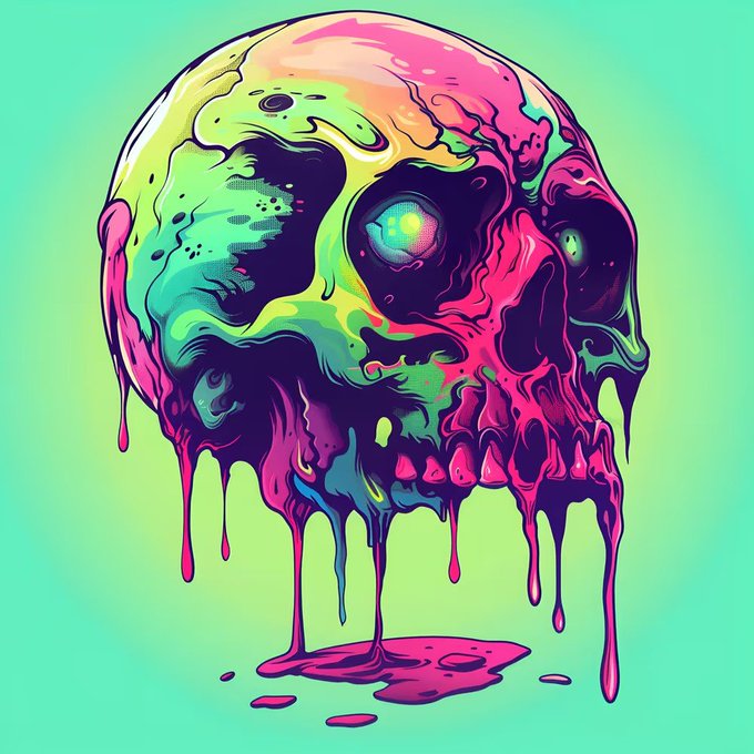A psychedelic, brightly colored digital illustration of a melting, dripping skull rendered in vibrant greens, pinks, yellows, and purples against a light green background.