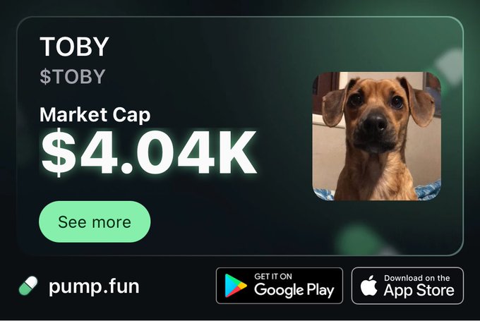 Pump.fun token listing card for 'TOBY' ($TOBY) showing a market cap of $4.04K alongside a photo of a brown dachshund, with Google Play and App Store download badges.