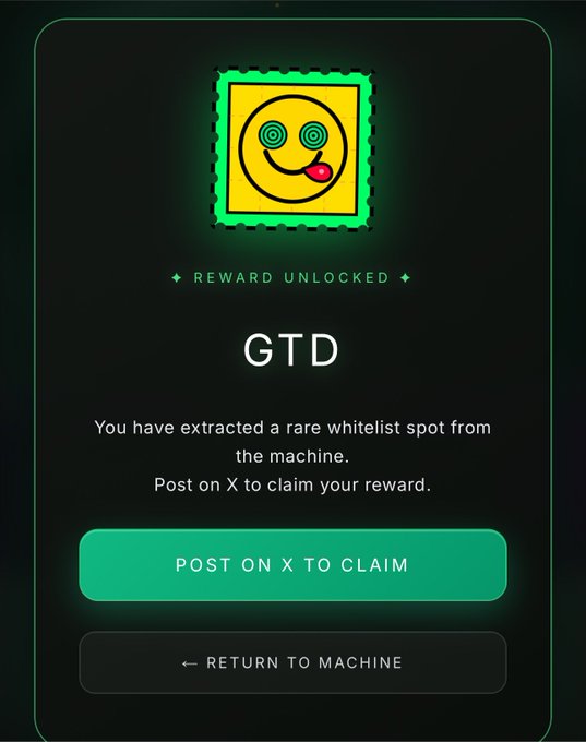 The image shows a "REWARD UNLOCKED" screen from what appears to be a digital gumball-style machine game, displaying a dazed/hypnotized smiley face stamp labeled "GTD" with the message "You have extracted a rare whitelist spot from the machine. Post on X to claim your reward." The accompanying post confirms the user secured a GTD (guaranteed) whitelist slot through this machine mechanic on the BlnkINC platform, promoting coin-earning code BLNK-BC1059.