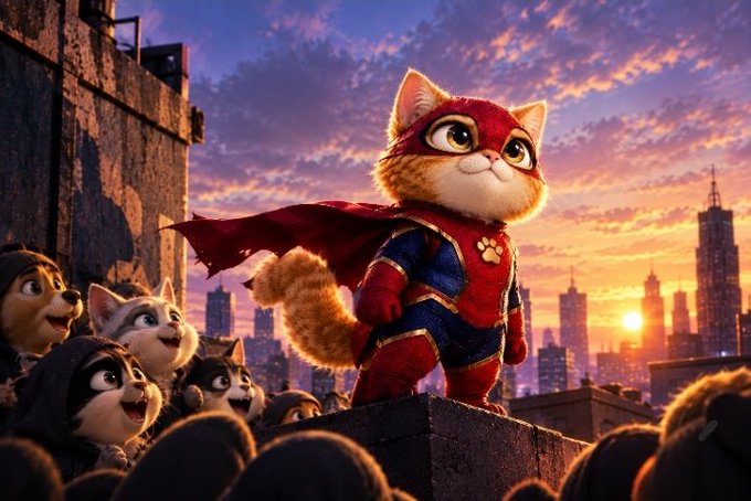 A 3D-rendered scene of an orange cat wearing a red and blue superhero cape standing heroically on a rooftop at dusk, surrounded by admiring animal characters with a city skyline in the background.