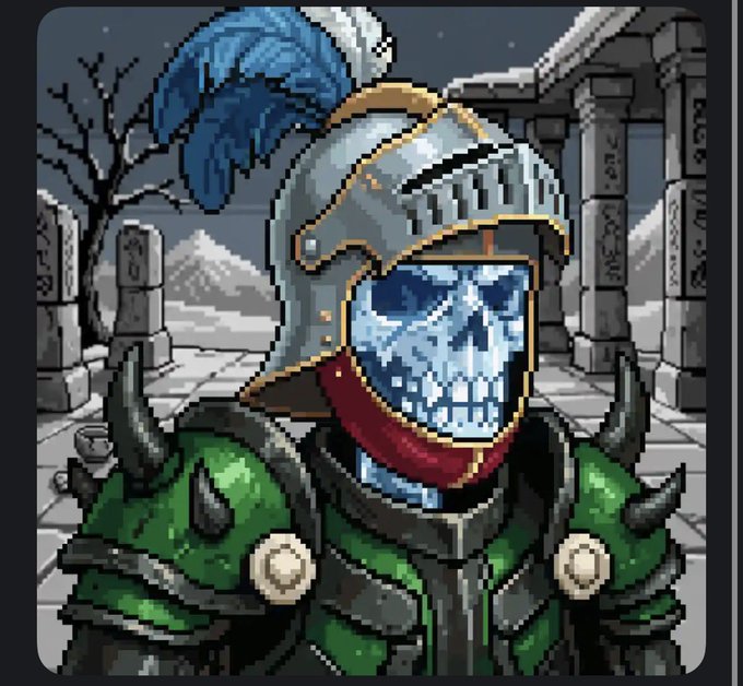 Pixel art depicting a skeletal knight in green spiked armor and a metal helmet with a blue plume, standing in a snowy ruined courtyard.