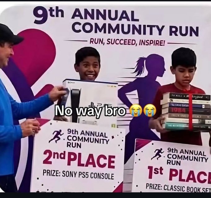 A meme image of a '9th Annual Community Run' awards ceremony, showing a boy winning 1st place with a classic book set and another winning 2nd place with a Sony PS5 console, captioned 'No way bro' with crying emojis.