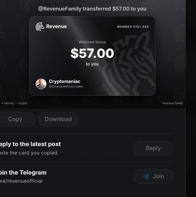 A screenshot of a Telegram channel displaying a $57.00 transfer card from 'Revenue' to user 'Cryptomaniac' (@OnwukweToochukw), with 'X Money = crypto' and 'revenue.family' text.