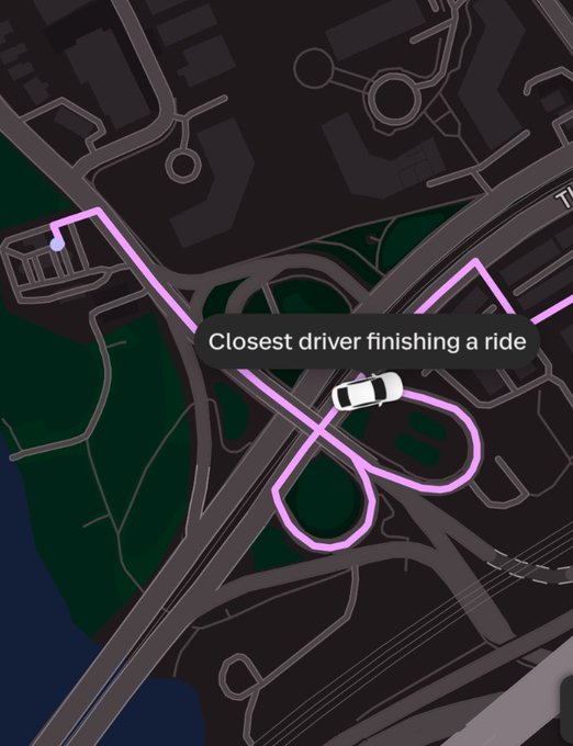 A map app shows a car navigating a pink route with the text "Closest driver finishing a ride."