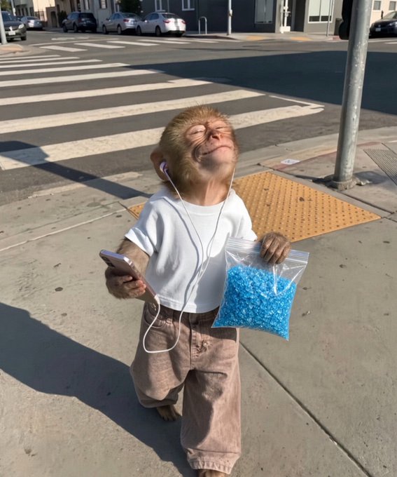 An AI-generated image of a monkey wearing a white t-shirt and brown pants, holding a phone and a bag of blue crystals, wearing earbuds on a city street.