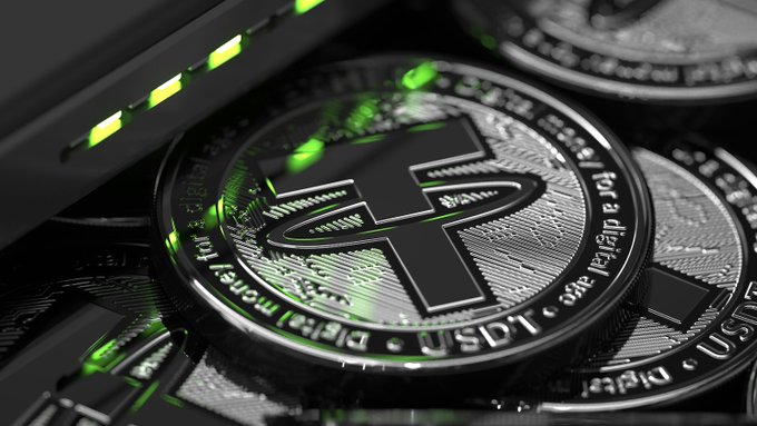 A close-up of physical Tether (USDT) coins with green lighting, symbolizing the digital asset used in Hyundai Card's stablecoin remittance pilot, where $20K in USDT was converted via Avalanche blockchain to complete a US-to-Mexico transfer in roughly 7 minutes.