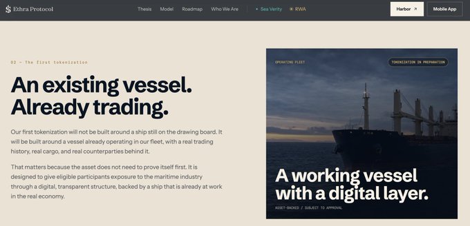 Ethra Protocol webpage screenshot featuring a tokenization announcement titled 'An existing vessel. Already trading.' with an image of a cargo ship labeled 'A working vessel with a digital layer.'
