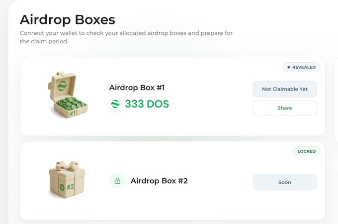 An 'Airdrop Boxes' page showing Airdrop Box #1 revealed with 333 DOS tokens, and Airdrop Box #2 still locked and coming soon.