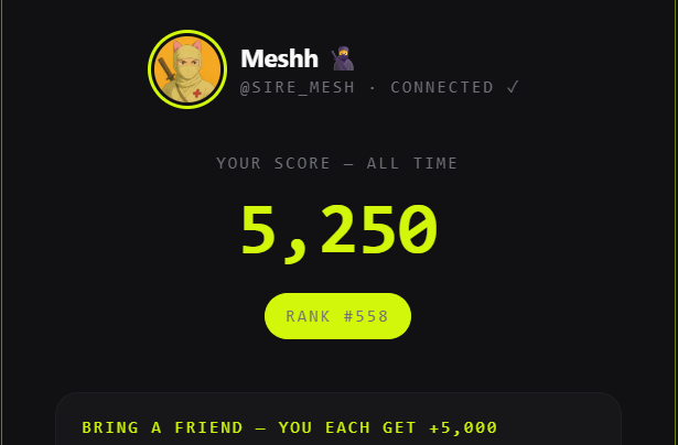 A screenshot shows a profile for "Meshh (@SIRE_MESH)" displaying an all-time score of 5,250 and a rank of #558 on what appears to be an AttentionFi-style rewards platform, along with a "Bring a Friend — You Each Get +5,000" referral banner. The image illustrates the user's promotion of a new AttentionFi platform on the Robinhood chain, highlighting their referral link offering 5,000 bonus points for joining.