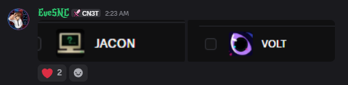 A Discord chat screenshot showing a user named 'Eve5NC' posting two sticker options labeled 'JACON' and 'VOLT' at 2:23 AM.