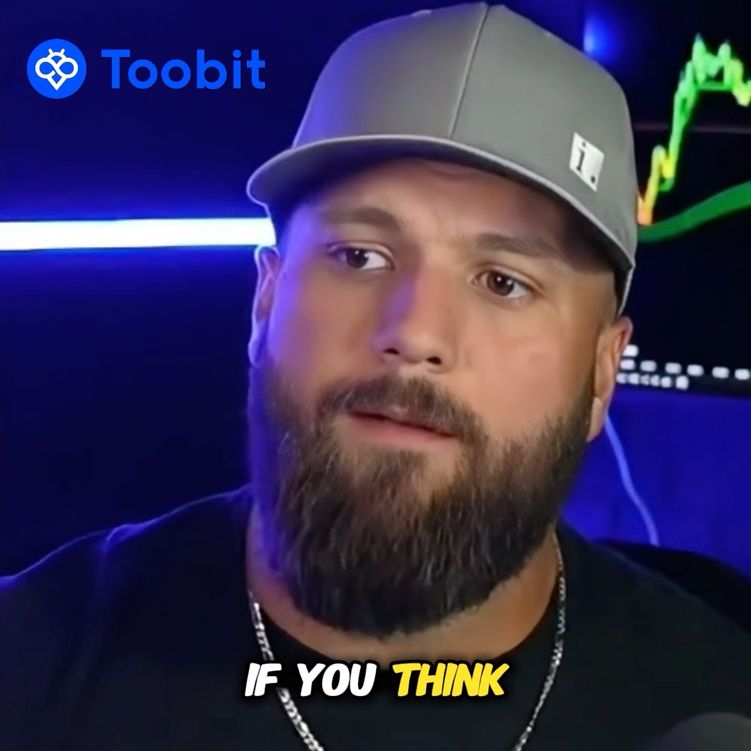 A close-up of a bearded man wearing a grey baseball cap in front of a stock chart background, with the Toobit logo in the upper left and the text 'IF YOU THINK' at the bottom.