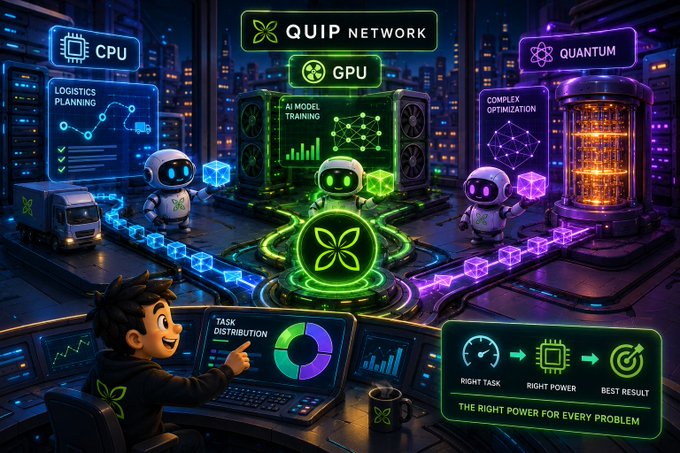 A futuristic digital illustration of the QUIP NETWORK showing a cartoon character at a 'TASK DISTRIBUTION' console coordinating work between CPU, GPU, and QUANTUM computing resources for AI model training, logistics planning, and complex optimization, with the tagline 'THE RIGHT POWER FOR EVERY PROBLEM: RIGHT TASK, RIGHT POWER, BEST RESULT'.