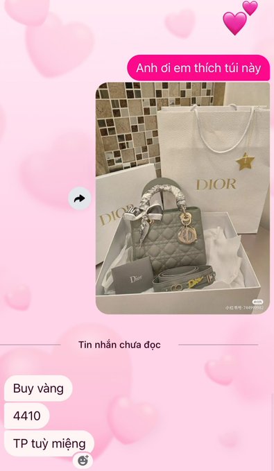 A Vietnamese social media chat screenshot showing a Dior handbag with heart emojis and the text 'Anh đi em thích túi này', with chat replies reading 'Buy vàng', '4410', and 'TP túy miệng'.