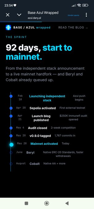 The image features a phone screen displaying a timeline of events related to an original token, named "BASE". The timeline starts with Beryl → Native ERC-20 standards coming and then progresses through stages such as Beryl → Native Account Abstraction (AA) → Base is now fully. This sequence helps show how the token's economic infrastructure has been strengthening over time, ultimately leading to the original token being released into a new market. The focus of this post highlights these key milestones for potential users or investors interested in acquiring tokens from the "BASE" token.