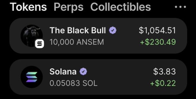 A crypto portfolio screenshot showing a "The Black Bull" token holding of 10,000 ANSEM valued at $1,054.51 (+$230.49) and 0.05083 SOL valued at $3.83 (+$0.22), seemingly posted to demonstrate holdings in connection with a giveaway for 1,000 $ANSEM tokens.