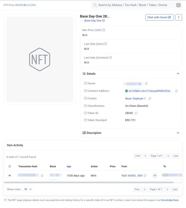 A BaseScan NFT page displaying a "Base Day One" ERC-721 token (Token ID: 28045) with a single mint transaction 1056 days ago from the null address. The post references this NFT as a collectible given to early Base users from August 2023, with the image showing the token details and mint history used to verify ownership.