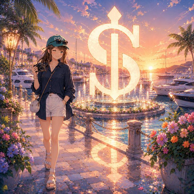 An anime-style illustration features a young woman with a camera walking along a Mediterranean harbor at sunset, with a large glowing dollar sign superimposed over the scene.