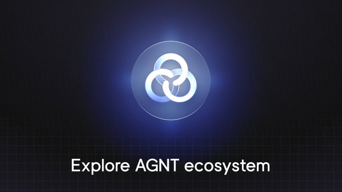 A glowing blue and white tri-circle logo on a dark grid background with the text 'Explore AGNT ecosystem' below.