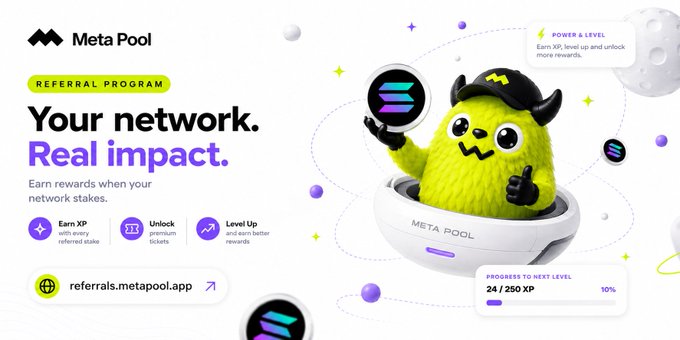 A Meta Pool Referral Program promotional graphic featuring a green monster mascot holding a Solana coin, with the text 'Your network. Real impact.' and referral benefits.