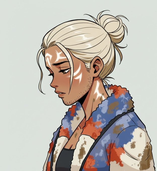 A digital drawing in profile of a young man with blonde hair in a topknot, glowing white markings on his face, wearing a blue, red, and white camouflage jacket.