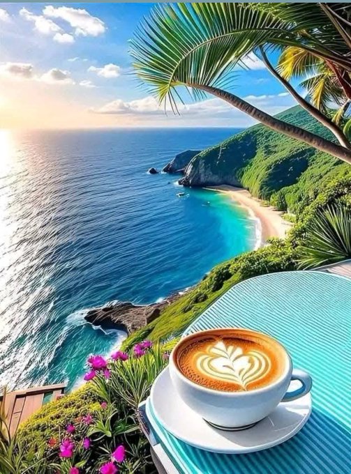 A cup of cappuccino with heart-shaped latte art rests on a striped table at a cliffside café, overlooking a stunning tropical beach with turquoise waters, green cliffs, and palm trees.