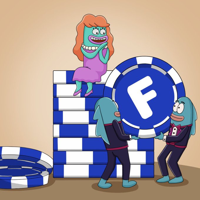 A cartoon illustration shows a character with red hair and a pink dress sitting atop stacks of blue and white casino chips next to a large chip with an 'F' logo, while two tuxedo-clad fish characters hold it.