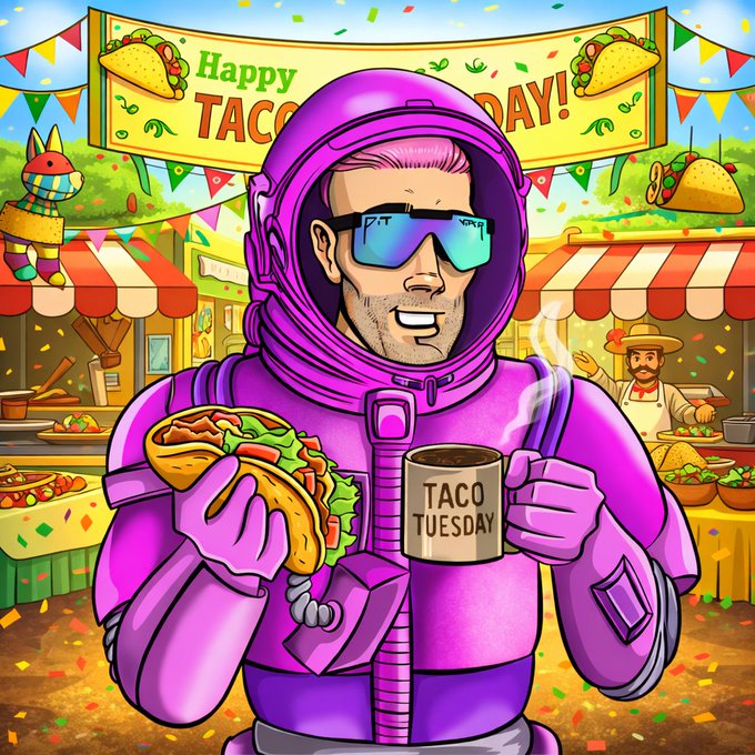 A vibrant cartoon illustration of an astronaut in a purple spacesuit holding a taco and a mug labeled 'TACO TUESDAY' at a festive taco stand with a 'Happy TACO DAY!' banner overhead.