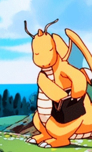 An anime-style illustration features an orange Dragonite-like Pokémon with small wings and antennae, peacefully holding a black briefcase while sitting on grass.