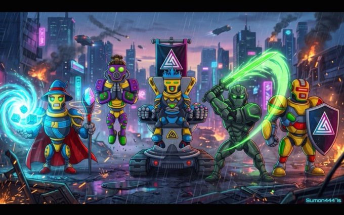 Vibrant digital artwork depicting five superhero/robot characters in a rainy, futuristic cyberpunk cityscape, signed 'Suman4441s'.