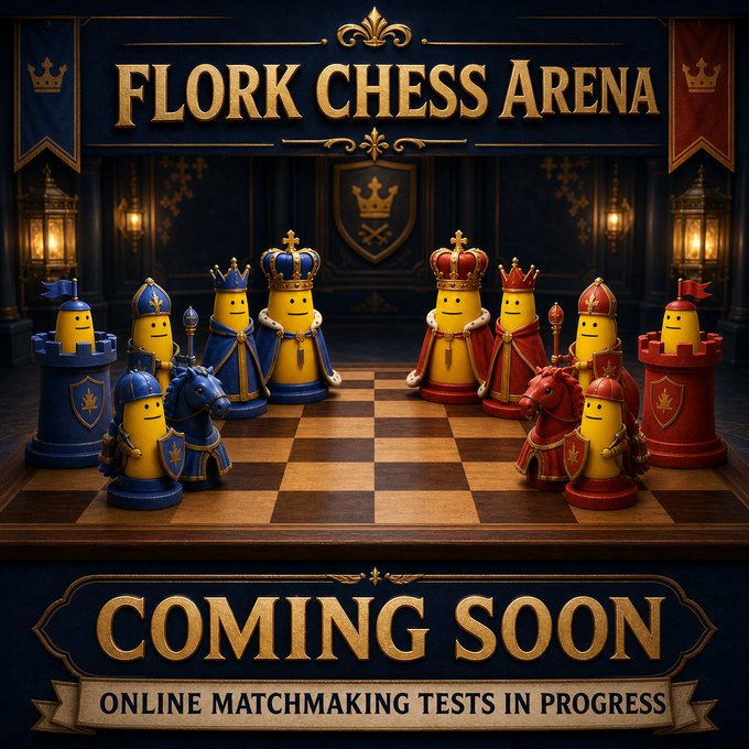 A promotional graphic for 'Flork Chess Arena' featuring cartoon-style king chess pieces with faces, showing 'COMING SOON - ONLINE MATCHMAKING TESTS IN PROGRESS'.
